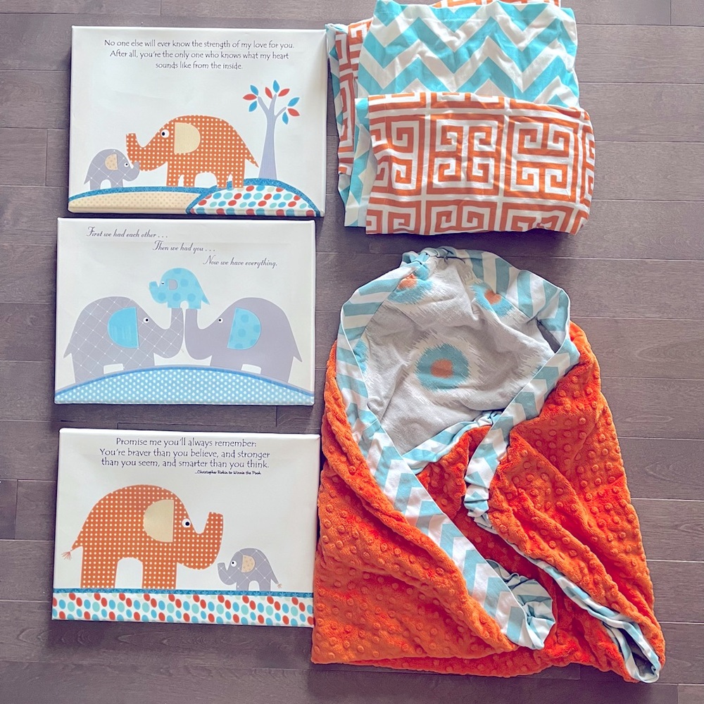 COPY - Nursery frames set with blanket and crib skirt - orange and blue - eleph…
